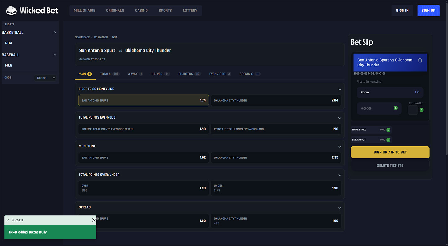 The sportsbook, pre-match and live odds